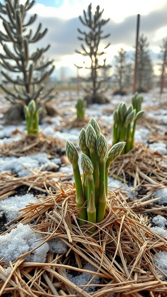 Winter asparagus garden with mulch protecting crowns against the cold.